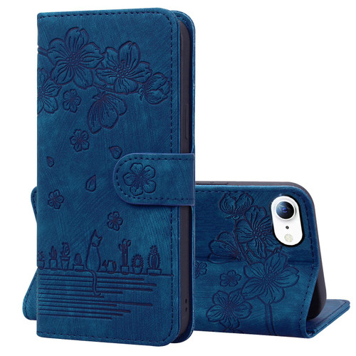 iPhone 17e / 16e Cartoon Sakura Cat Embossed Leather Phone Case - Royal Blue
