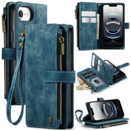 iPhone 17e / 16e CaseMe C30 Card Slots Zipper Wallet Leather Phone Case - Blue