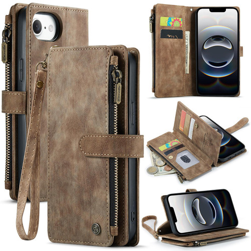 iPhone 17e / 16e CaseMe C30 Card Slots Zipper Wallet Leather Phone Case - Brown