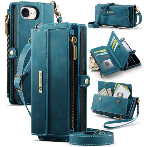iPhone 17e / 16e CaseMe C39 RFID Blocking Zipper Wallet Leather Phone Case with Crossbody Strap - Green