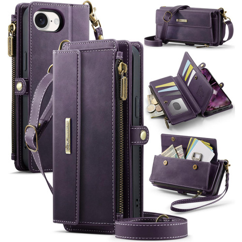 iPhone 17e / 16e CaseMe C39 RFID Blocking Zipper Wallet Leather Phone Case with Crossbody Strap - Purple