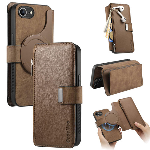 iPhone 17e / 16e CaseNeo MagSafe RFID Anti-theft Zipper Wallet Retro Leather Phone Case - Brown