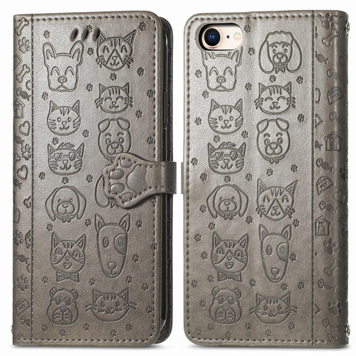 iPhone 17e / 16e Cat and Dog Embossed Leather Phone Case - Gray