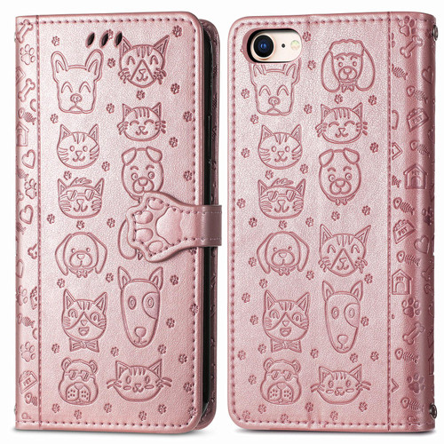iPhone 17e / 16e Cat and Dog Embossed Leather Phone Case - Rose Gold