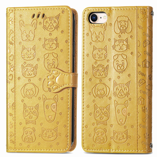 iPhone 17e / 16e Cat and Dog Embossed Leather Phone Case - Yellow