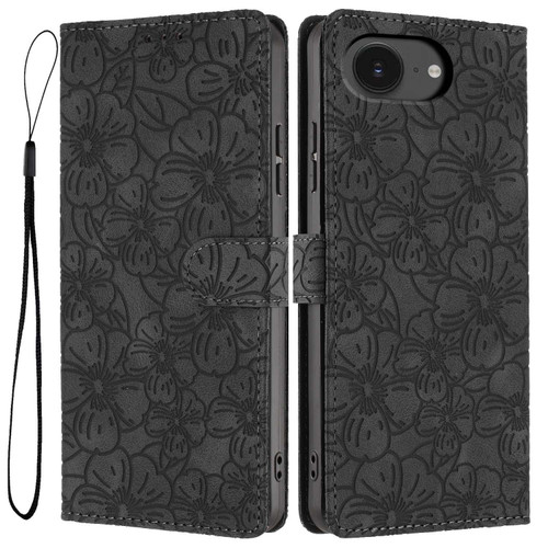 iPhone 17e / 16e Cherry Blossoms Embossed Leather Phone Case - Black