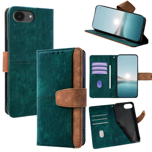 iPhone 17e / 16e Color Stitching Skin Feel Leather RFID Blocking Phone Case - Green