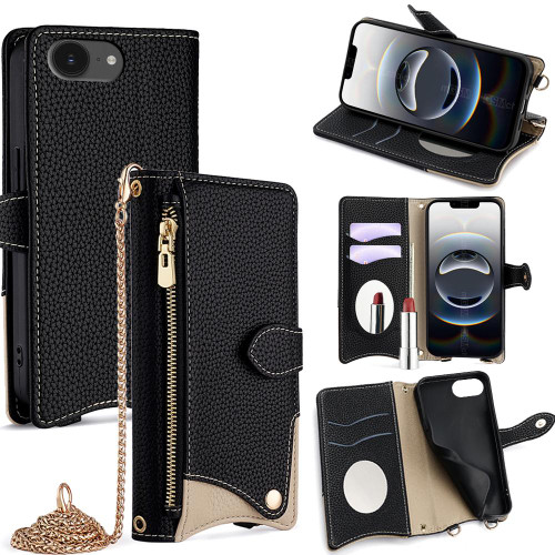 iPhone 17e / 16e Crossbody Chain Fishtail Litchi Leather Phone Case - Black