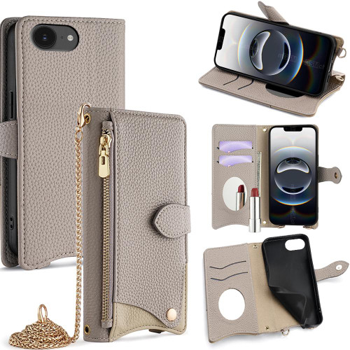 iPhone 17e / 16e Crossbody Chain Fishtail Litchi Leather Phone Case - Grey