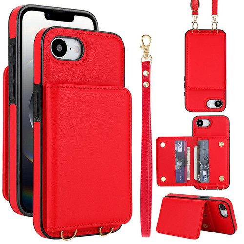 iPhone 17e / 16e Crossbody Dual-buckle Wallet RFID Back Leather Phone Case - Red