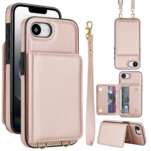 iPhone 17e / 16e Crossbody Dual-buckle Wallet RFID Back Leather Phone Case - Rose Gold