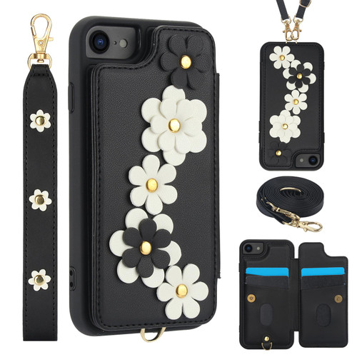 iPhone 17e / 16e Crossbody Flower Pattern Leather Phone Case - Black