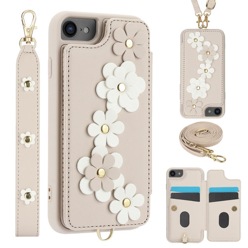 iPhone 17e / 16e Crossbody Flower Pattern Leather Phone Case - White