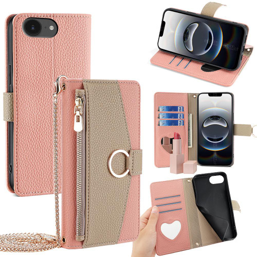 iPhone 17e / 16e Crossbody Litchi Texture Leather Phone Case - Pink