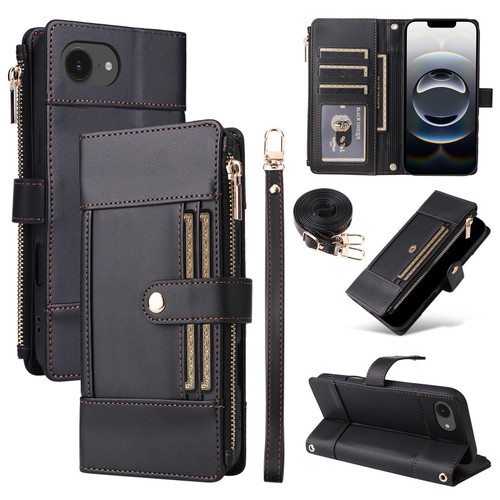 iPhone 17e / 16e Crossbody Strap RFID Blocking Zipper Wallet Leather Phone Case - Black