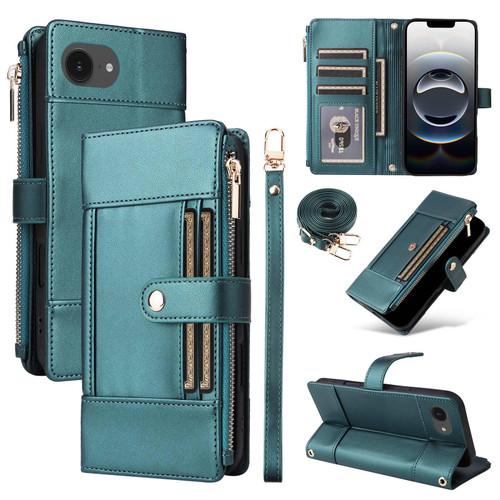 iPhone 17e / 16e Crossbody Strap RFID Blocking Zipper Wallet Leather Phone Case - Green