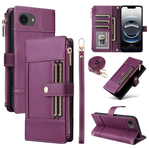 iPhone 17e / 16e Crossbody Strap RFID Blocking Zipper Wallet Leather Phone Case - Purple
