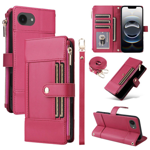 iPhone 17e / 16e Crossbody Strap RFID Blocking Zipper Wallet Leather Phone Case - Red