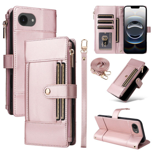 iPhone 17e / 16e Crossbody Strap RFID Blocking Zipper Wallet Leather Phone Case - Rose Gold