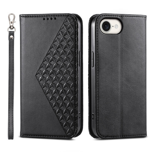 iPhone 17e / 16e Cubic Grid Calf Texture Magnetic Leather Phone Case - Black
