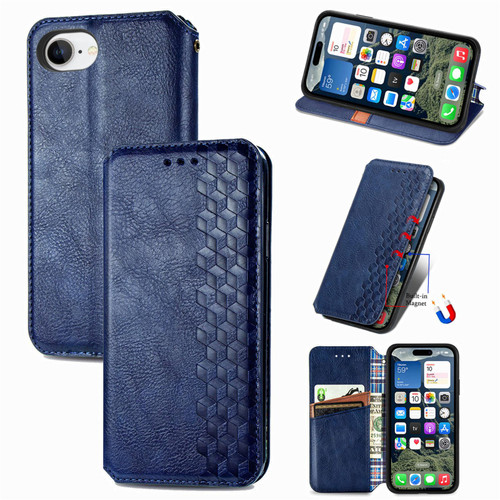 iPhone 17e / 16e Cubic Grid Pressed Magnetic Leather Phone Case - Blue
