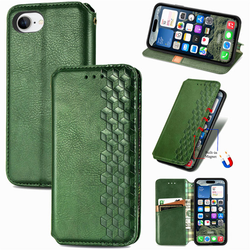 iPhone 17e / 16e Cubic Grid Pressed Magnetic Leather Phone Case - Green