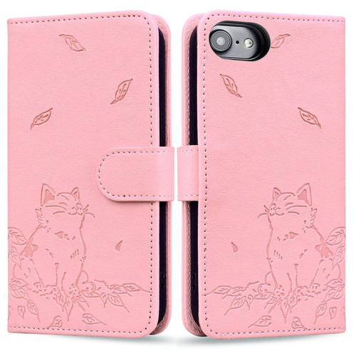 iPhone 17e / 16e Cute Cat Embossed Leather Phone Case - Pink