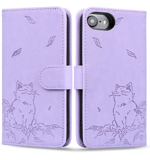 iPhone 17e / 16e Cute Cat Embossed Leather Phone Case - Purple
