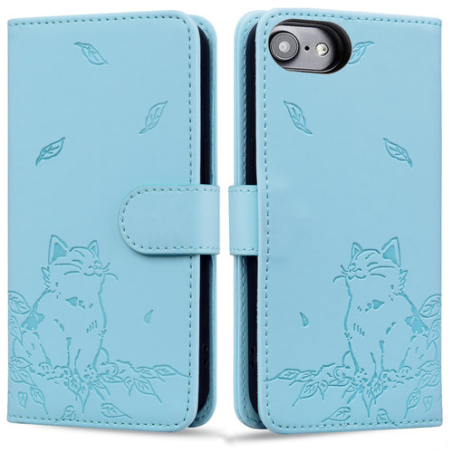 iPhone 17e / 16e Cute Cat Embossed Leather Phone Case - Sky Blue