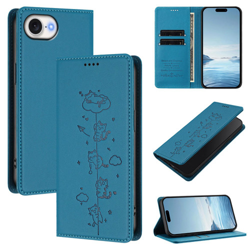 iPhone 17e / 16e Cute Cats Embossed Magnetic RFID Vegan Leather Phone Case - Lake Blue