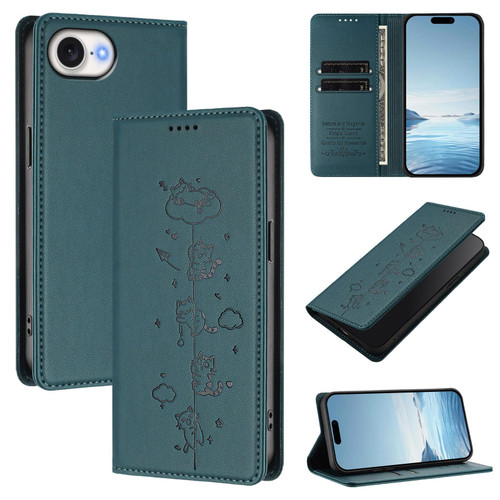 iPhone 17e / 16e Cute Cats Embossed Magnetic RFID Vegan Leather Phone Case - Peacock Green