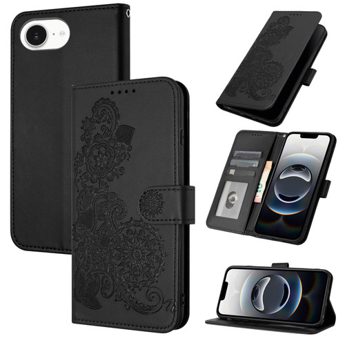 iPhone 17e / 16e Datura Flower Embossed Flip Leather Phone Case - Black
