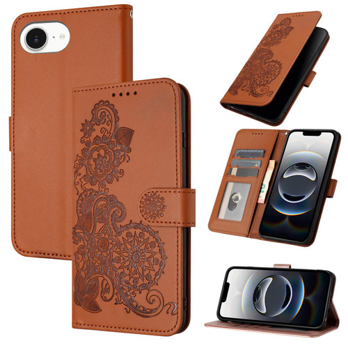 iPhone 17e / 16e Datura Flower Embossed Flip Leather Phone Case - Brown