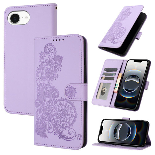 iPhone 17e / 16e Datura Flower Embossed Flip Leather Phone Case - Purple
