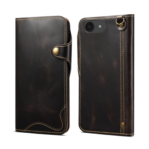 iPhone 17e / 16e Denior B01 Oil Wax Cowhide Magnetic Button Genuine Leather Case - Black
