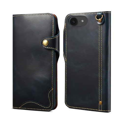 iPhone 17e / 16e Denior B01 Oil Wax Cowhide Magnetic Button Genuine Leather Case - Blue