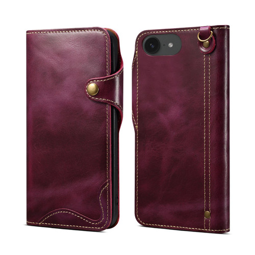 iPhone 17e / 16e Denior B01 Oil Wax Cowhide Magnetic Button Genuine Leather Case - Purple