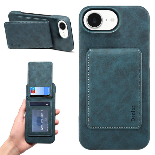 iPhone 17e / 16e Denior D28 Retro Texture RFID MagSafe Vertical Flip Card-slot Phone Case - Blue