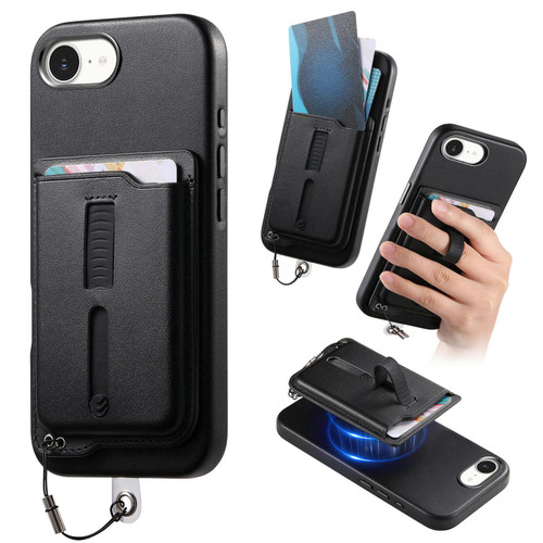 iPhone 17e / 16e Detachable Magnetic Card Bag Phone Case with Finger Ring Grip & Anti-loss Rope - Black