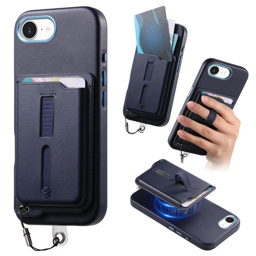 iPhone 17e / 16e Detachable Magnetic Card Bag Phone Case with Finger Ring Grip & Anti-loss Rope - Blue