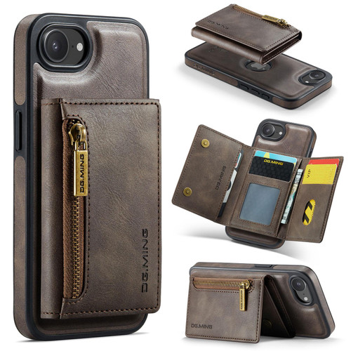 iPhone 17e / 16e DG.MING M5 Series Zip RFID Multi Card Detachable Leather Phone Case - Coffee