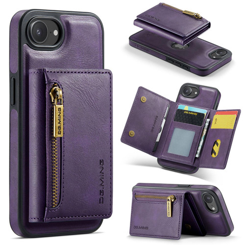 iPhone 17e / 16e DG.MING M5 Series Zip RFID Multi Card Detachable Leather Phone Case - Purple