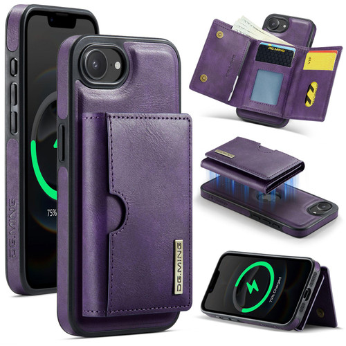 iPhone 17e / 16e DG.MING M6 Series RFID Tri-fold Card Bag Removable Leather Phone Case - Purple