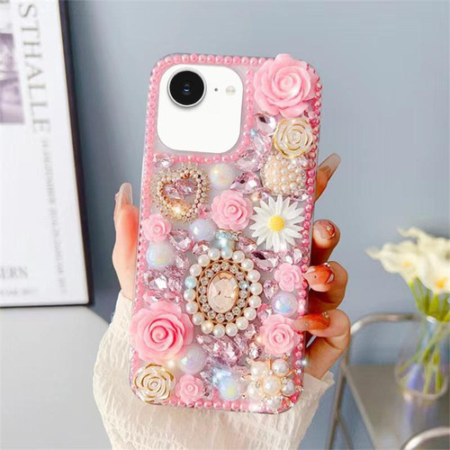 iPhone 17e / 16e Diamond Inlaid Rose PC Phone Case - Pink