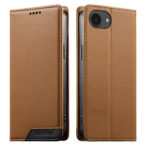 iPhone 17e / 16e Dierfeng Splicing Strong Magnetic RFID Vegan Leather Phone Case - Brown