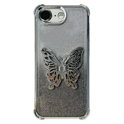 iPhone 17e / 16e Electroplated Glitter 3D Butterfly Four-corner Shockproof TPU Phone Case - Gradient Silver