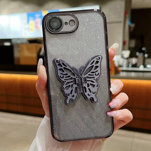 iPhone 17e / 16e Electroplated Gradient Glitter 3D Butterfly TPU Phone Case - Gradient Black