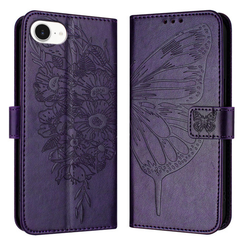 iPhone 17e / 16e Embossed Butterfly Leather Phone Case - Dark Purple
