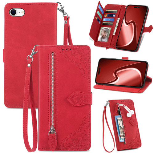 iPhone 17e / 16e Embossed Flower Zipper Leather Phone Case - Red