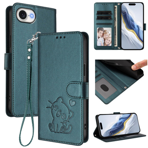 iPhone 17e / 16e Embossed Heart Cat Leather Phone Case with Hand Strap - Dark Green
